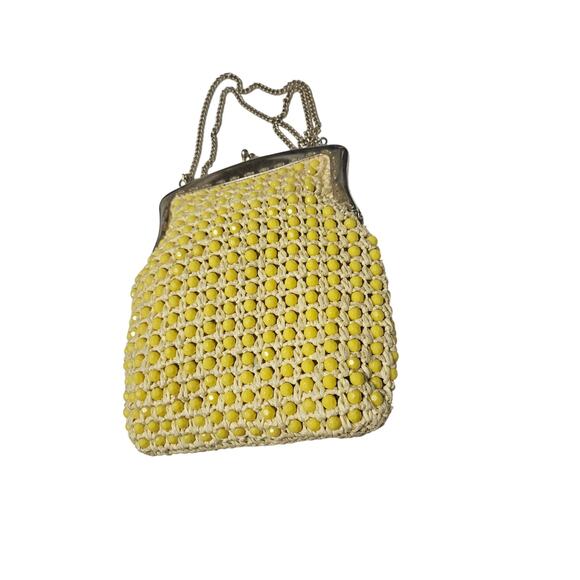 Vintage Retro Yellow Beaded Raffia Cross Body Chain Link Strap Bag Made in Italy - Picture 8 of 10